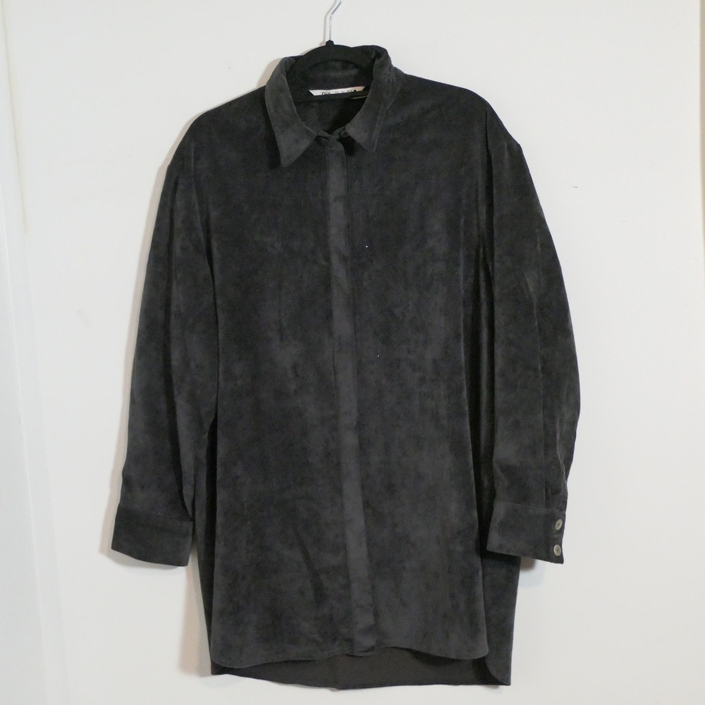 Zara Womens Corduroy Longline Shirt L Gray Grunge Minimalist Dark Academia Layer